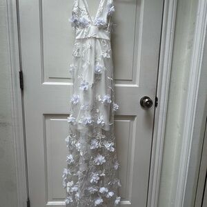 VENUS White 3D Floral Applique Sheer Gown